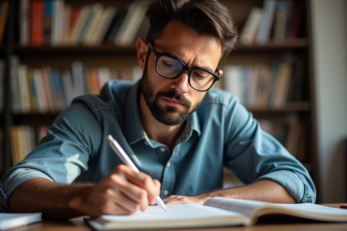 Homme pensif avec lunettes étudiant dans une bibliothèque moderne