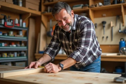 Homme d'&acirc;ge moyen mesurant une planche en bois dans un atelier
