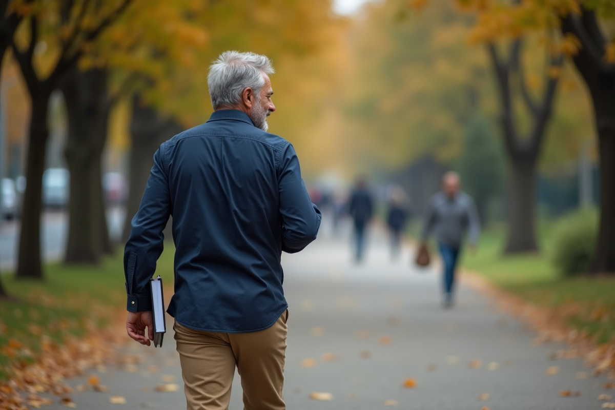 Homme en promenade dans un parc urbain en automne