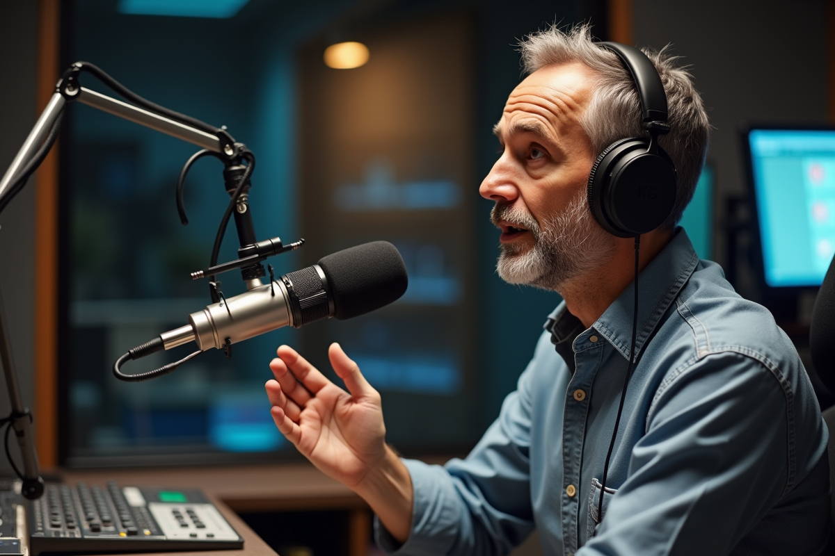 Homme en casque enregistrant un podcast dans une cabine audio