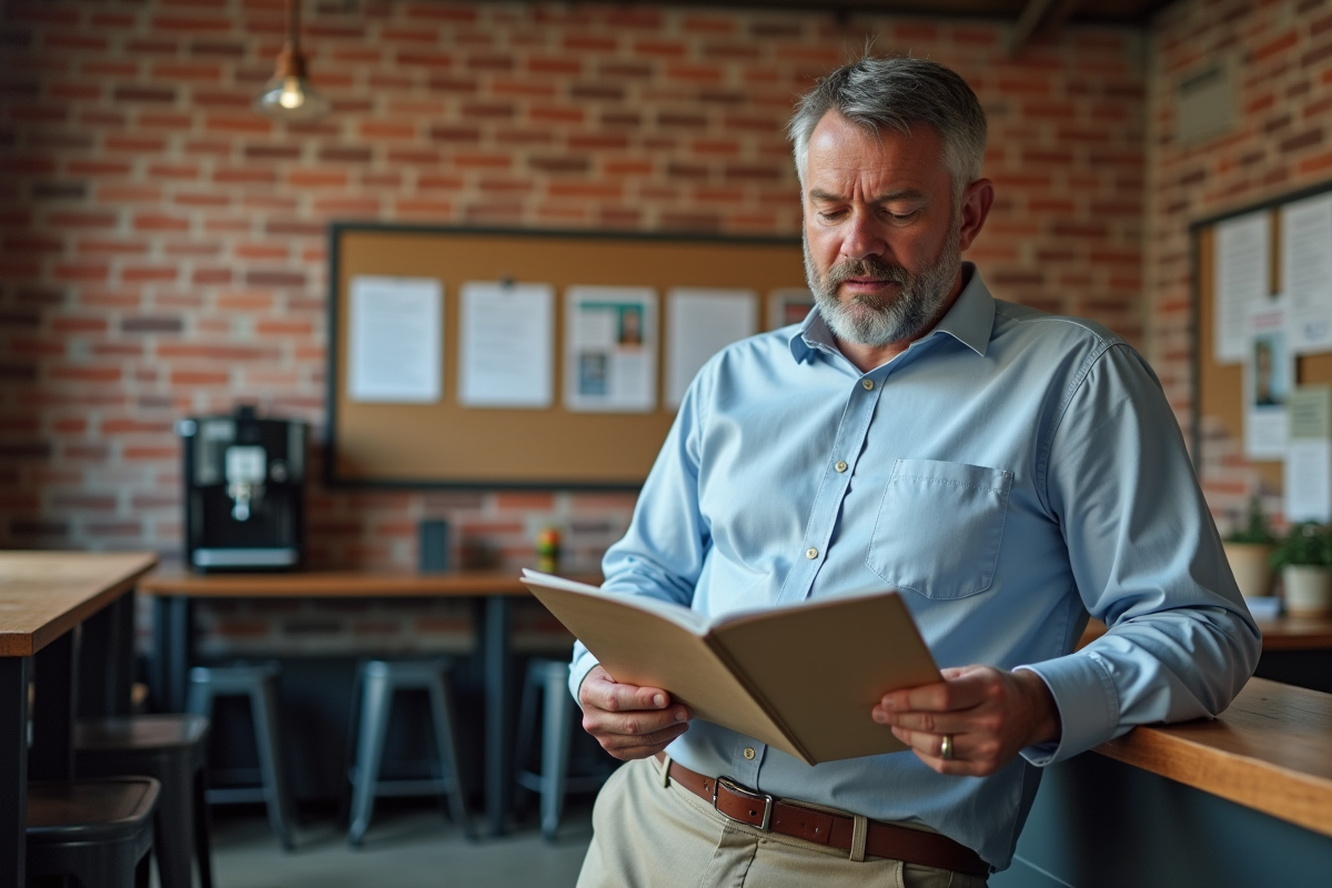 Homme dans la salle de pause en train de lire une brochure