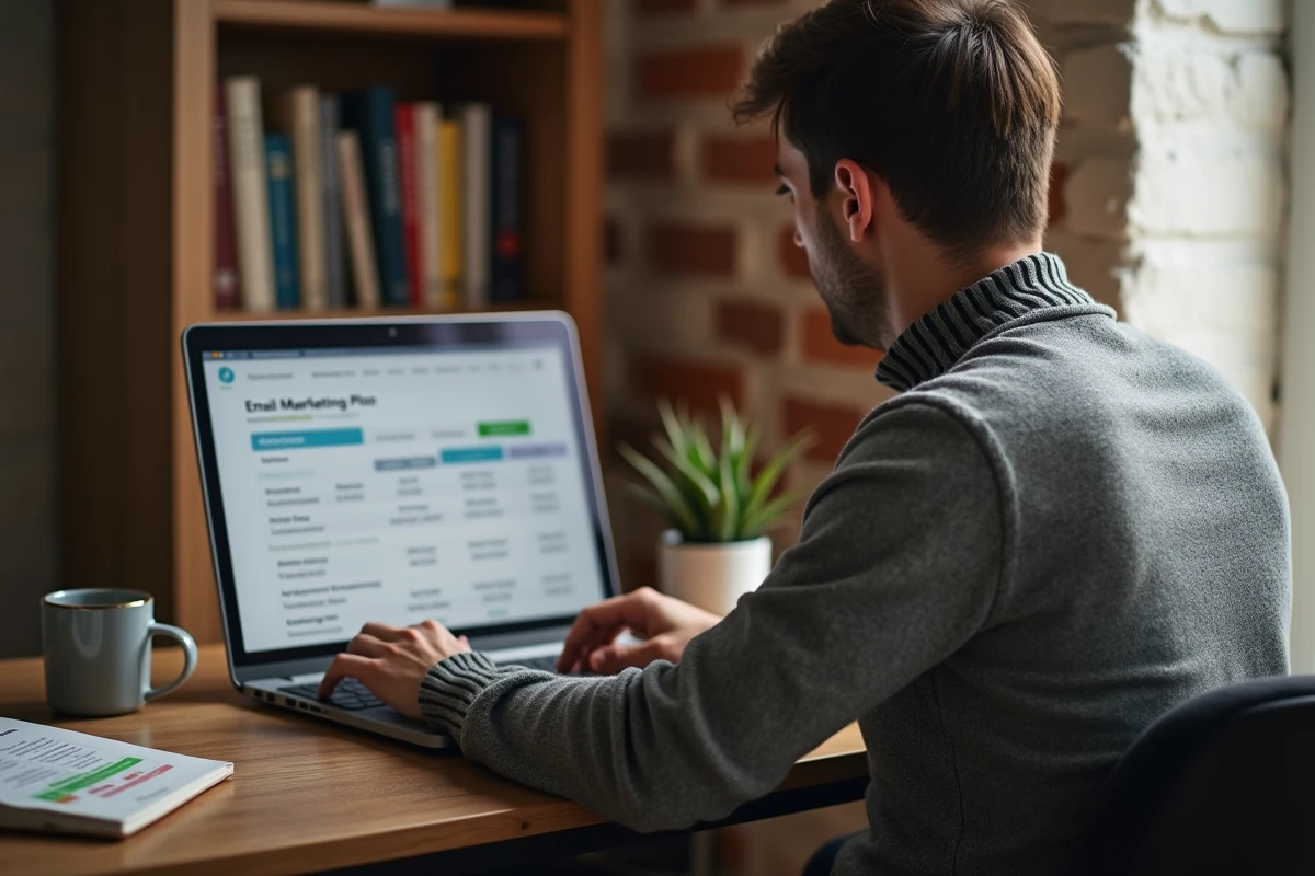 Homme en télétravail comparant les tarifs d'un logiciel emailing et les options d'intégration CRM sur un ordinateur portable