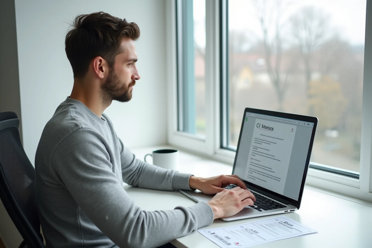 Homme consultant un modèle de CV suisse sur ordinateur portable avec une check-list imprimée sur son bureau