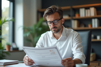 Homme en blanc examinant un certificat dans un bureau