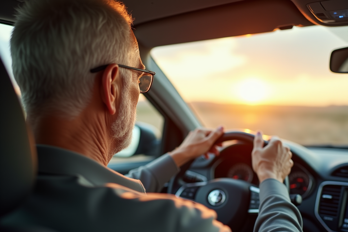 Homme âgé ajustant le rétroviseur dans une voiture moderne lumineuse