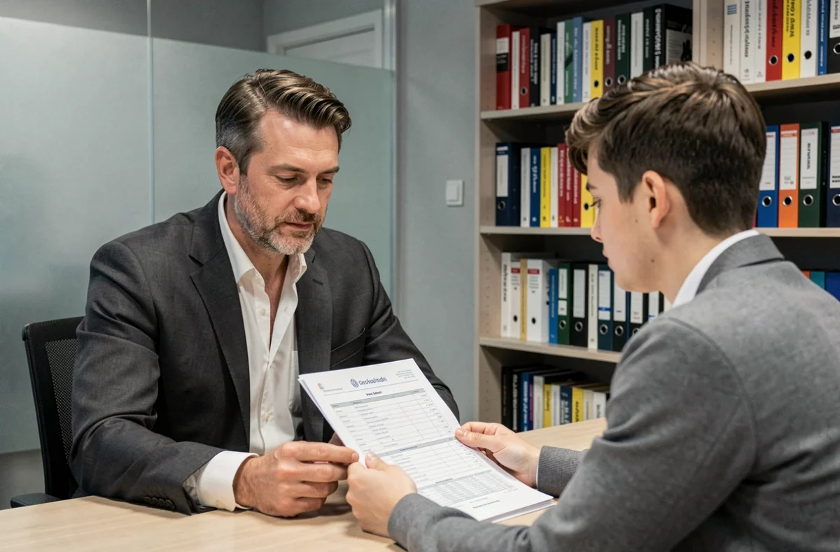Consultant en langues de l'Institut Quorum à Metz examinant un bilan linguistique avec un étudiant adulte dans un bureau professionnel