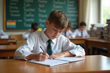 Jeune gar&ccedil;on en uniforme &agrave; l'&eacute;cole copie des conjugaisons espagnoles