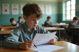 Adolescent pensif regardant un examen dans une salle de classe