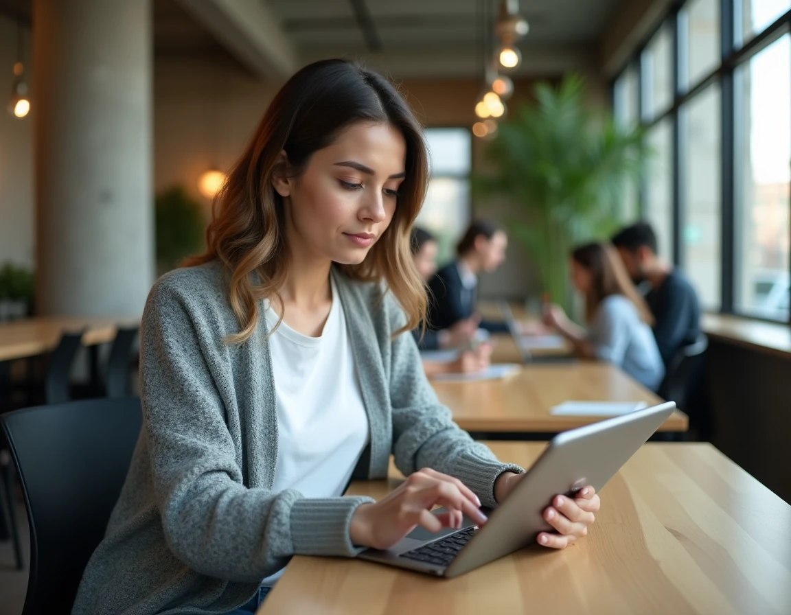Une jeune enseignante consulte et modifie son profil iProf sur tablette dans un espace de travail partagé