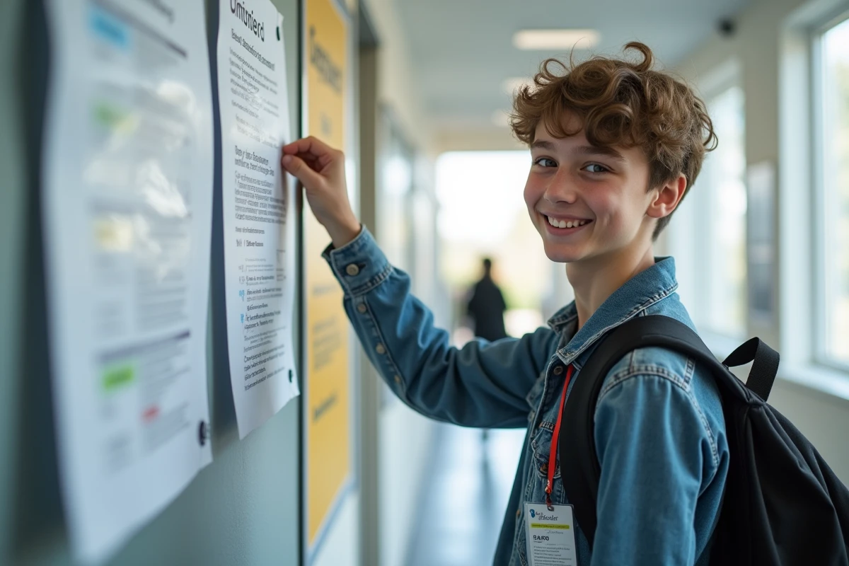 Étudiant accrochant un document d