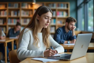Jeune étudiante concentrée sur son ordinateur dans un centre media