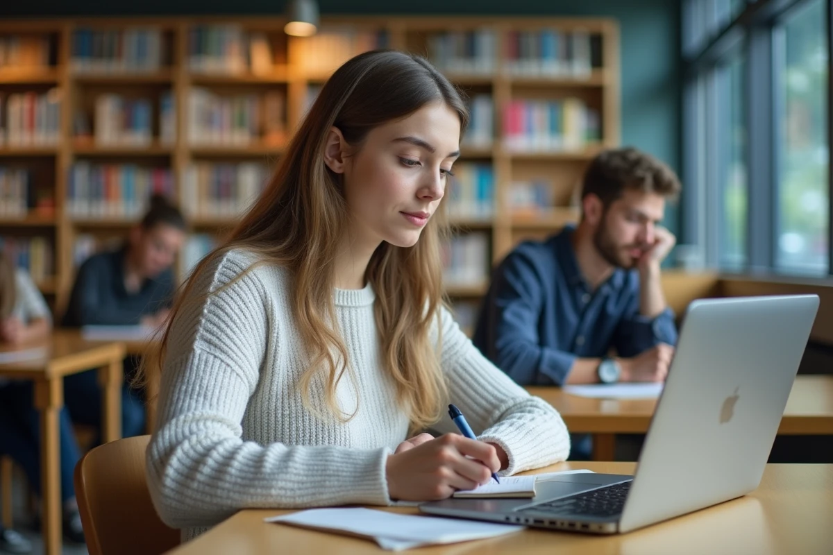 Jeune étudiante concentrée sur son ordinateur dans un centre media