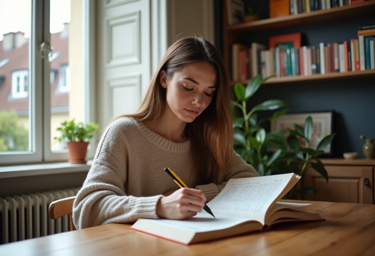 Jeune femme concentrée lisant un livre de grammaire française dans un appartement parisien