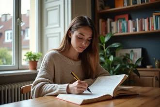 Jeune femme concentrée lisant un livre de grammaire française dans un appartement parisien