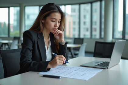 Jeune femme en bureau étudiant une bourse