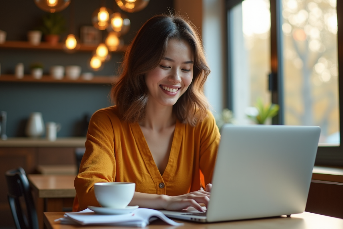 Jeune femme confiante travaillant seule sur un ordinateur dans un café lumineux