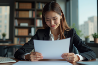 Jeune femme en bureau examinant un certificat avec sérieux