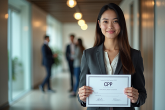 Jeune femme professionnelle tenant un certificat CQP dans un bureau moderne