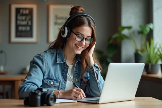 Jeune femme souriante en coworking avec casque et ordinateur