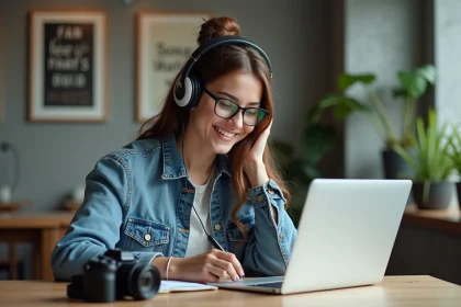 Jeune femme souriante en coworking avec casque et ordinateur