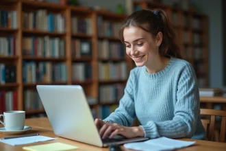 Jeune femme utilisant Cyclades sur ordinateur portable pour gérer ses examens sans stress depuis chez elle