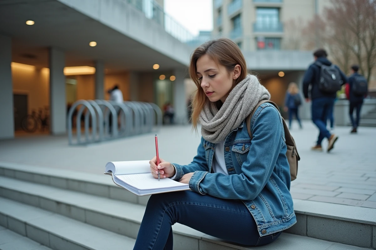 Jeune femme esquissant dans un carnet en extérieur