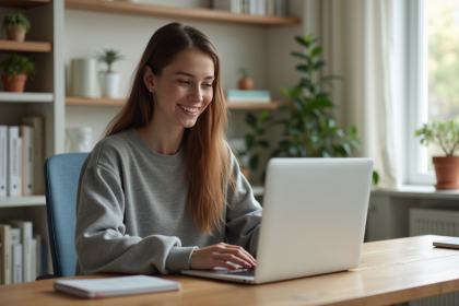 Jeune femme studieuse en cours en ligne dans un bureau moderne
