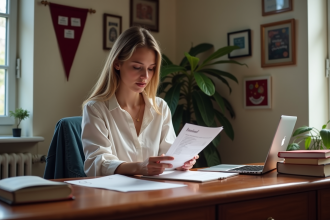 Jeune femme examine une facture de scolarite dans sa chambre universitaire