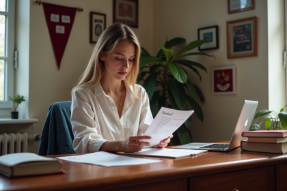 Jeune femme examine une facture de scolarite dans sa chambre universitaire