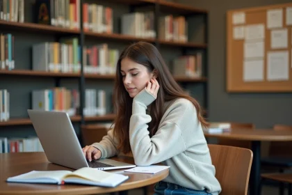 Jeune femme &eacute;tudiante concentr&eacute;e sur son ordinateur dans la biblioth&egrave;que