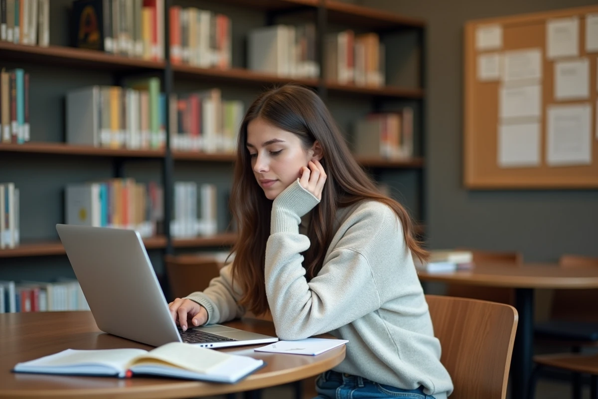 Jeune femme étudiante concentrée sur son ordinateur dans la bibliothèque