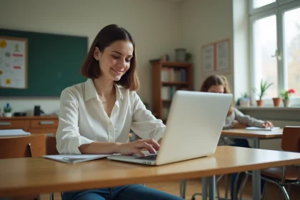 Jeune femme concentrée sur son ordinateur dans une salle de classe lumineuse