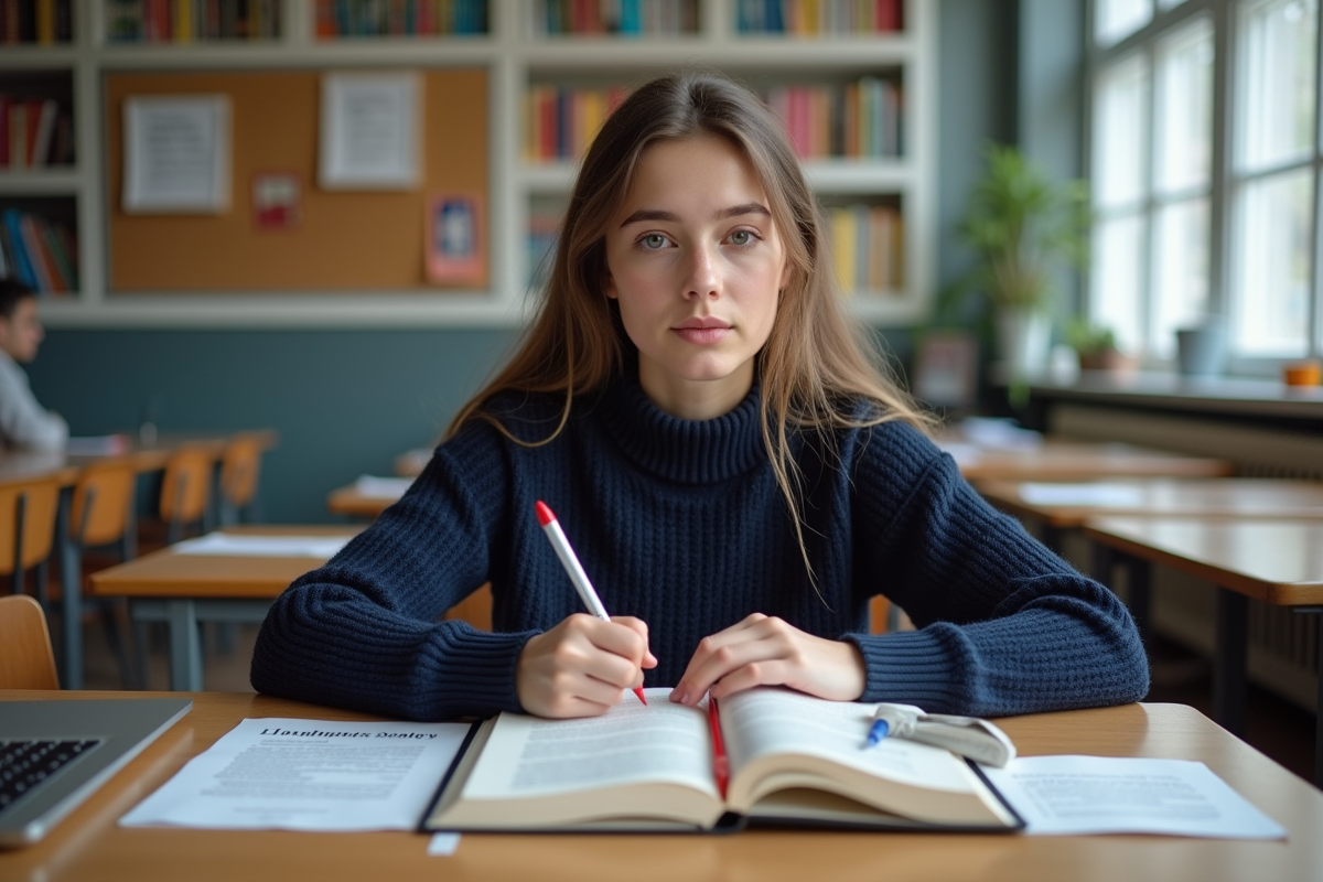 Jeune femme en classe annotant un livre de littérature française