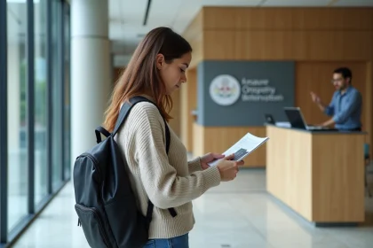 Jeune femme lisant brochure dans lobby d'&eacute;cole d'ost&eacute;opathie