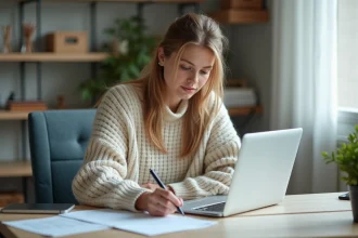 Jeune femme remplissant un formulaire Parcoursup dans un bureau moderne