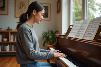 Jeune femme au piano avec partition dans un salon lumineux