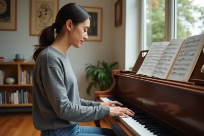 Jeune femme au piano avec partition dans un salon lumineux