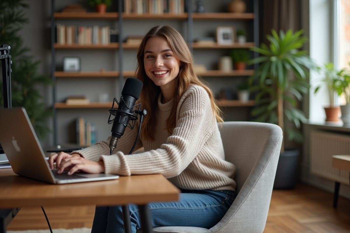 Jeune femme parlant dans un micro en studio chaleureux