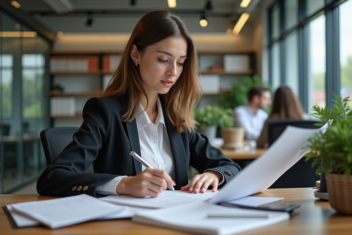 Jeune femme en bureau moderne examine documents