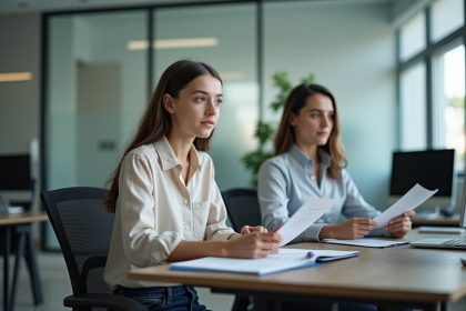 Jeune fille en blouse assise avec une professionnelle au bureau