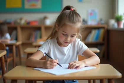 Jeune fille lisant &agrave; son bureau dans une classe chaleureuse
