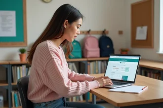 Jeune femme utilisant un ordinateur dans une salle de classe lumineuse