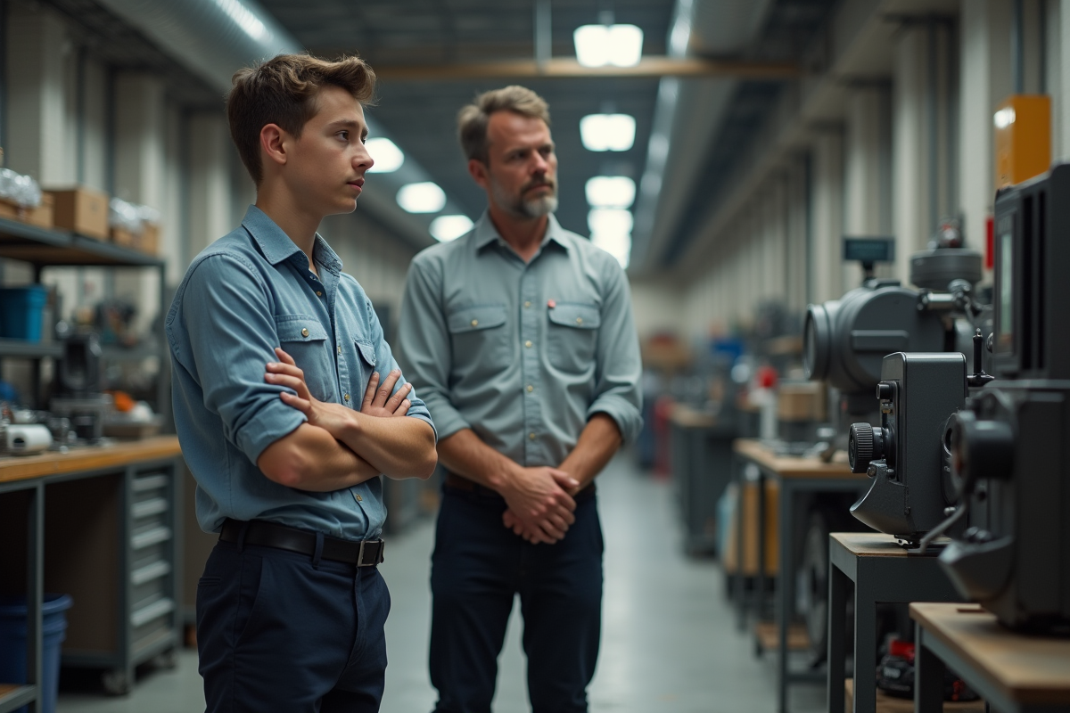 Jeune homme observant un technicien dans un atelier industriel