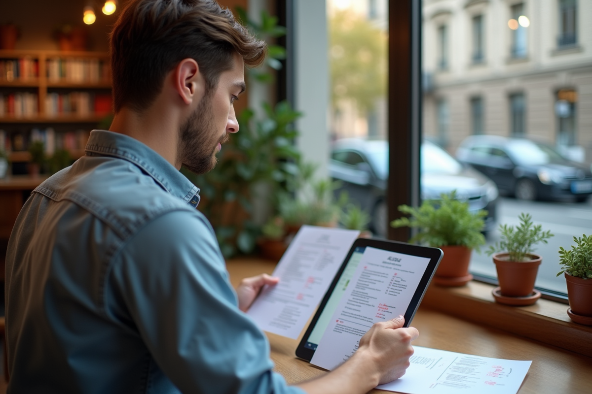 Jeune homme comparant ses CV bilingues au café