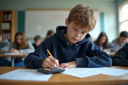 Jeune gar&ccedil;on en hoodie bleu en pleine concentration en classe