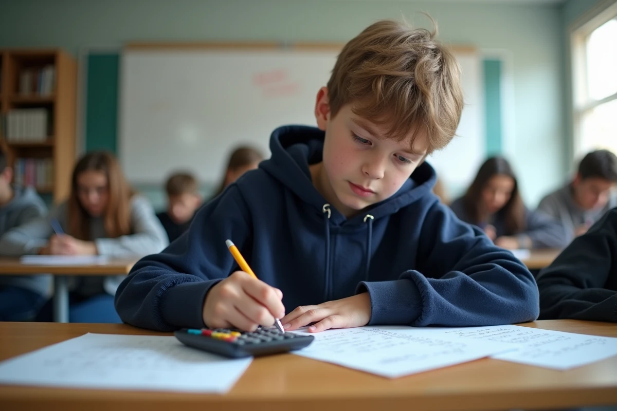Jeune garçon en hoodie bleu en pleine concentration en classe