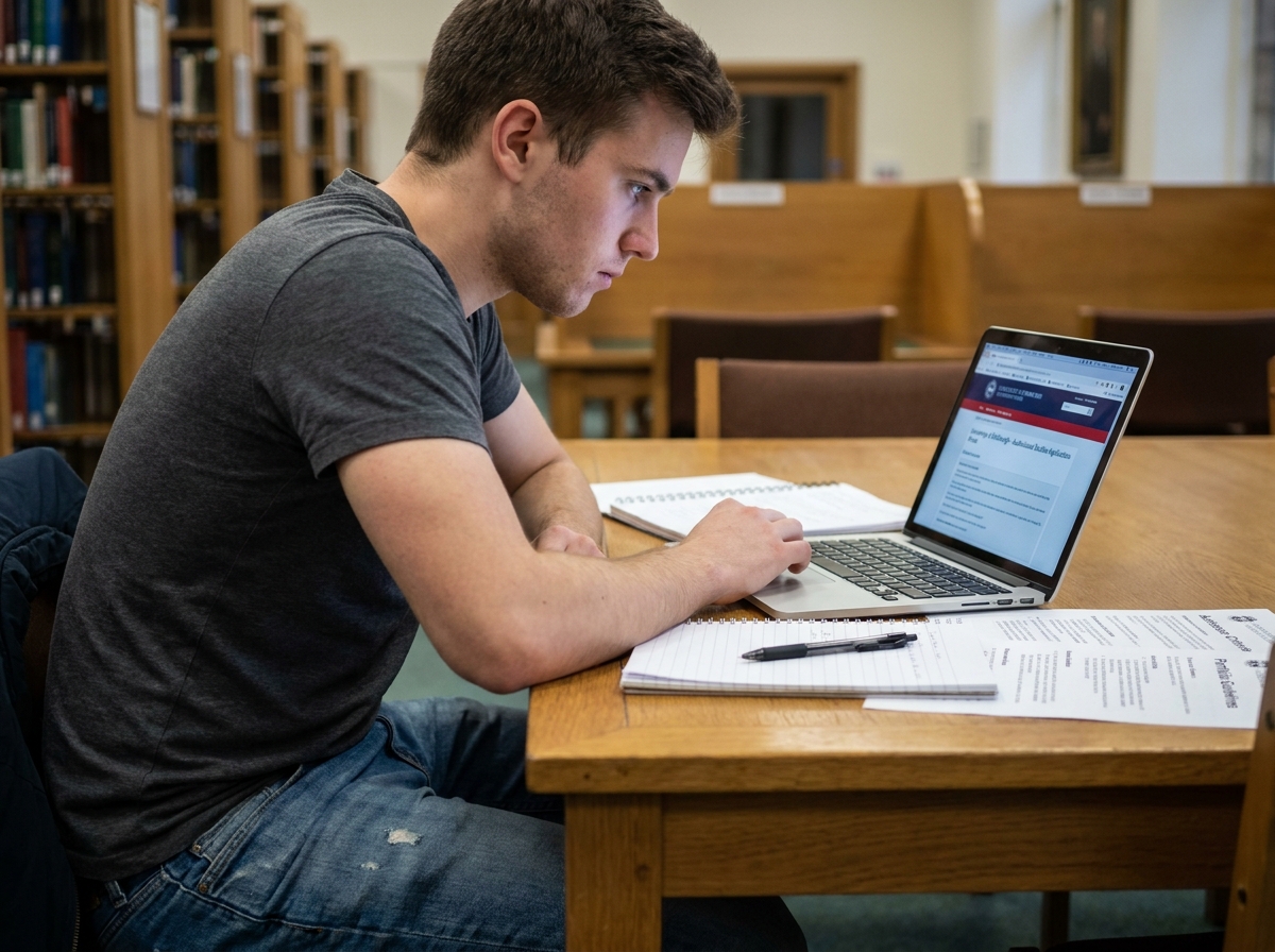 Jeune homme consultant un dossier d'admission en études audiovisuelles sur ordinateur dans une bibliothèque universitaire