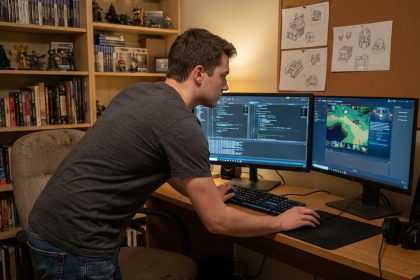 Jeune homme concentr&eacute; devant ses &eacute;crans en train de coder un jeu vid&eacute;o