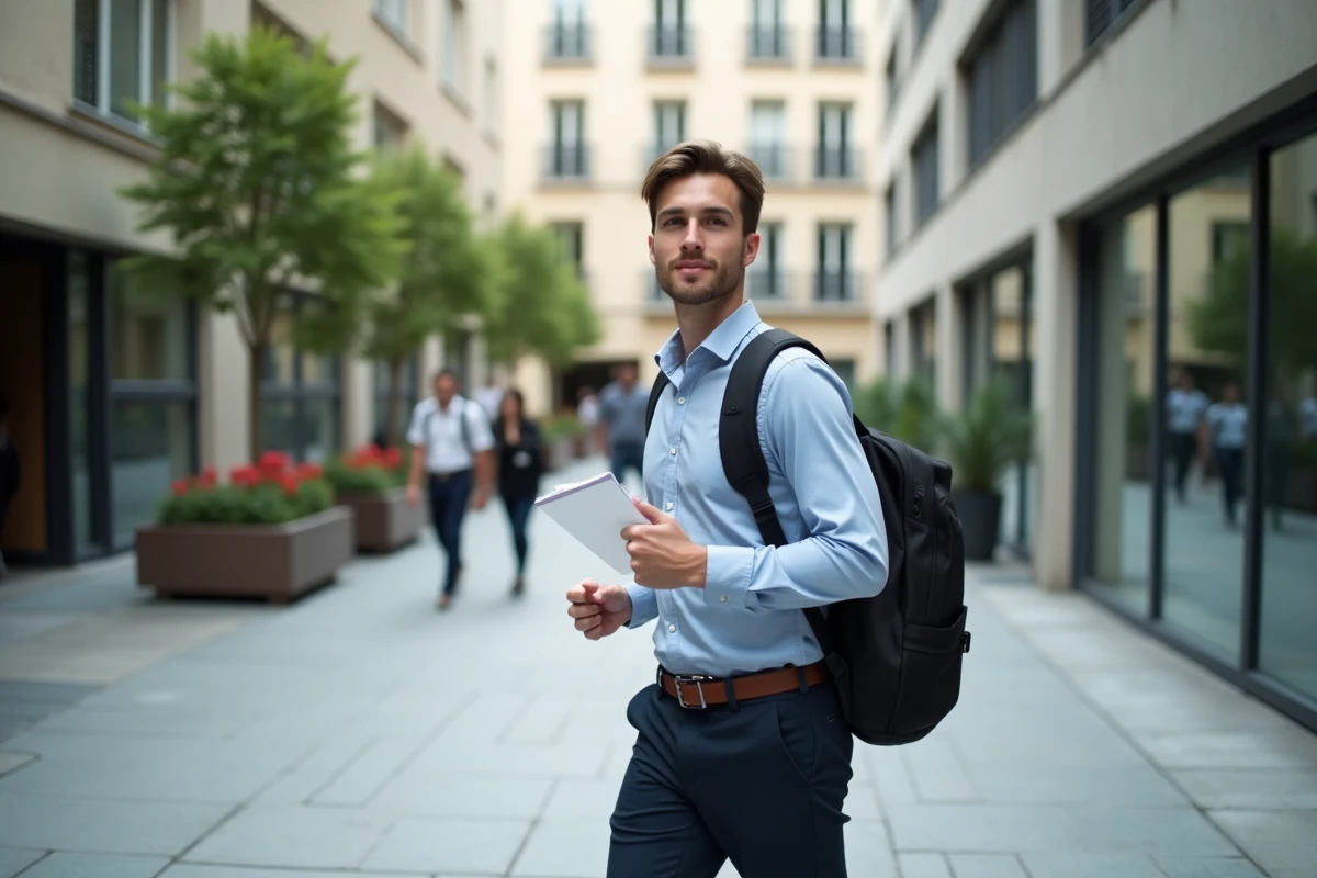 Jeune homme marchant vers un b&acirc;timent d
