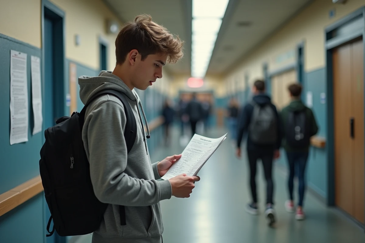 Jeune homme &eacute;tudiant un formulaire Parcoursup dans un couloir universitaire